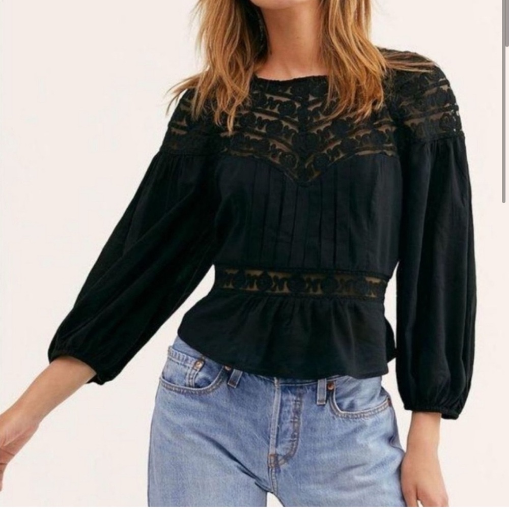 Free People Women’s Black Lace Sweet Mornings Longsleeve Top